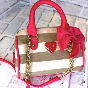 Betsey Johnson Tan Stripped Mini Purse with Pink Bow.